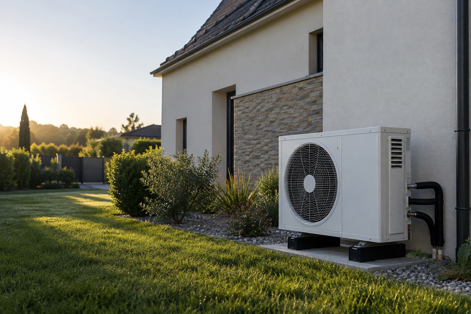 Pompe à chaleur air-eau installée devant une maison française rénovée