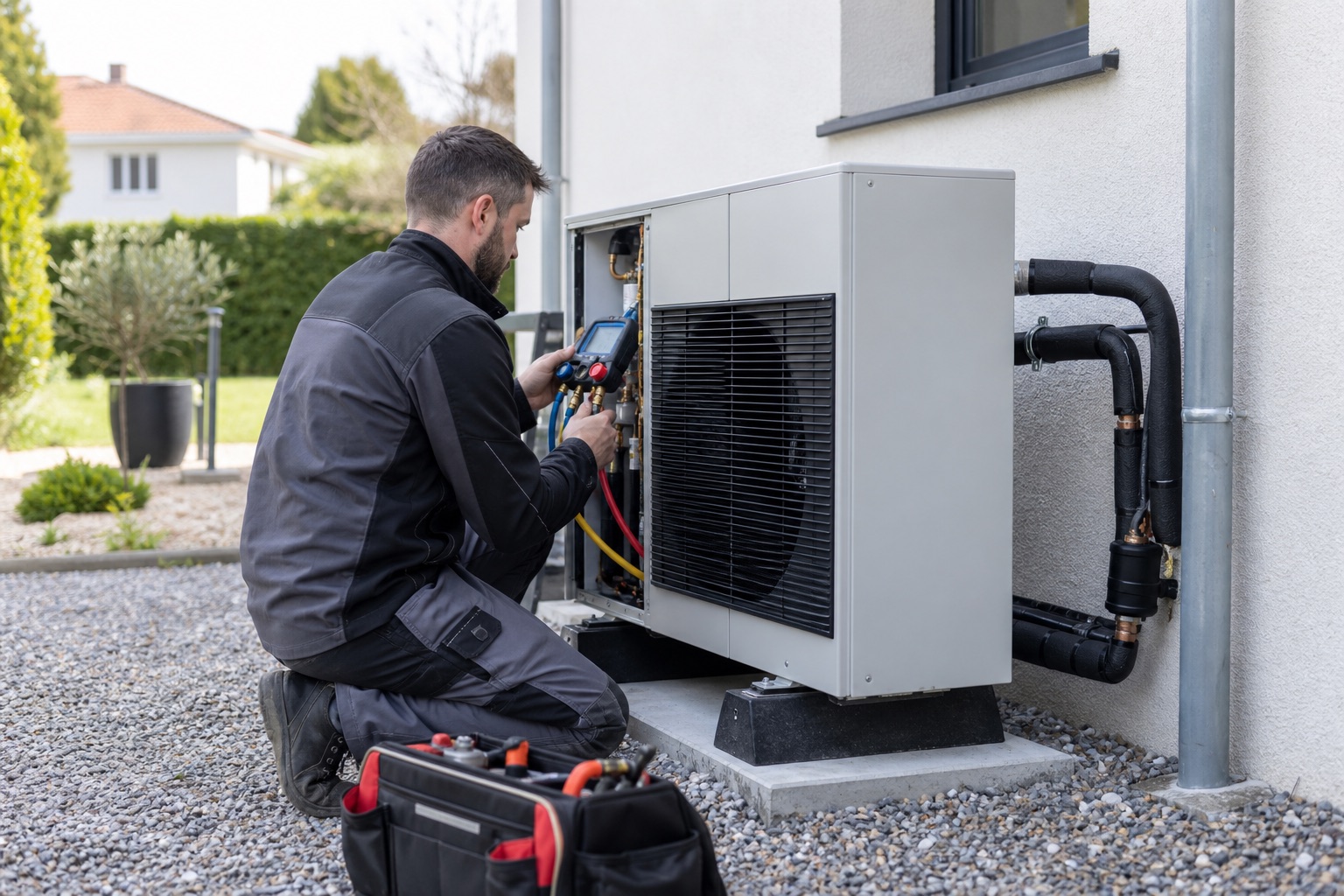Technicien vérifiant une pompe à chaleur air-eau récemment installée