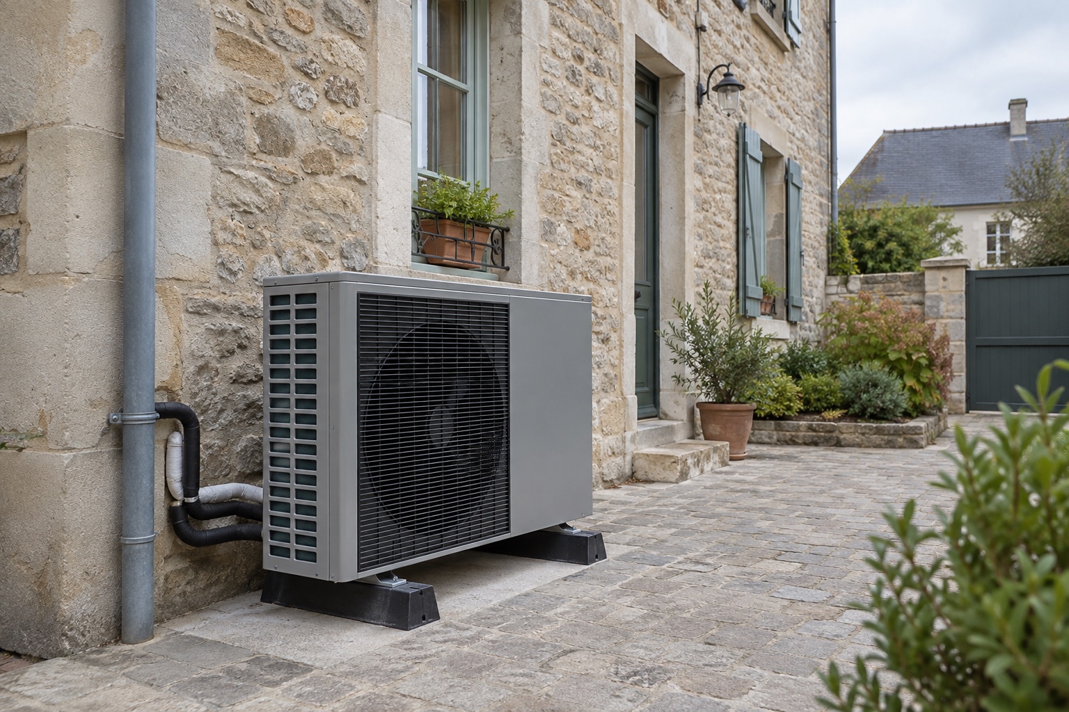 Pompe à chaleur air-eau installée sur une maison en pierre rénovée